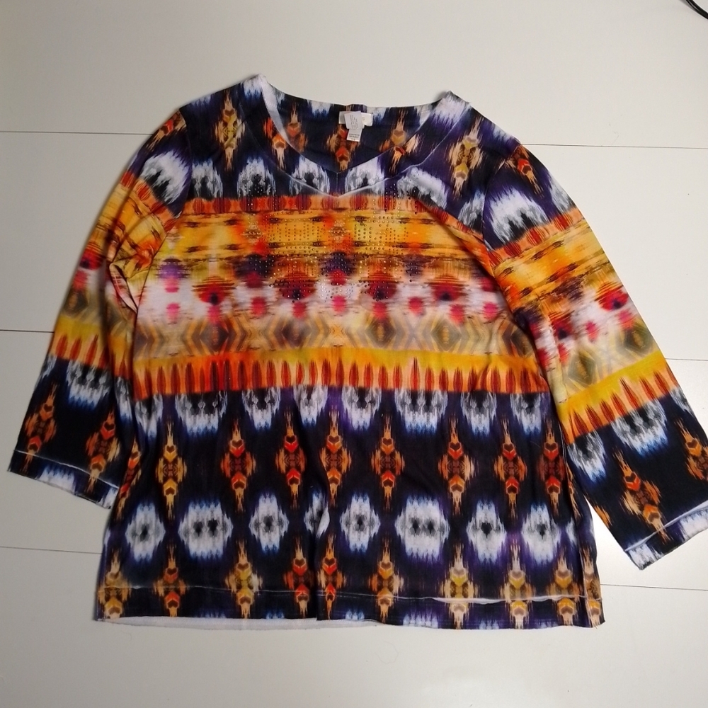 chicos Colorful Women size 2. 3/4 Sleeve Aztec Print Yellow Blue Faded Edges